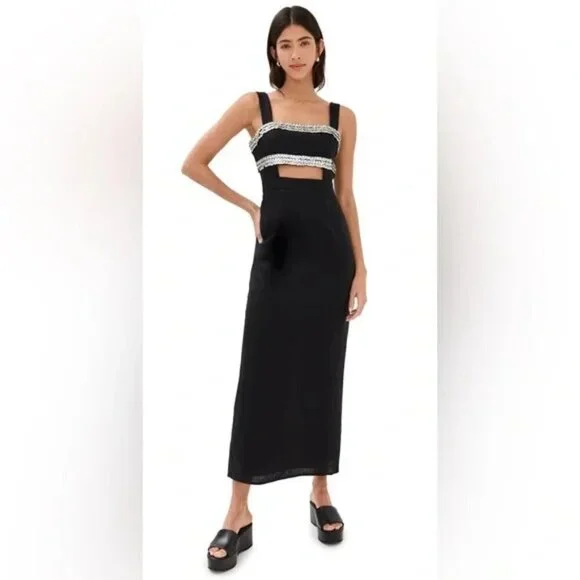 STAUD Mickey Dress 2 Black Linen Sequin Cutout Maxi Dress Evening - Picture 2 of 10